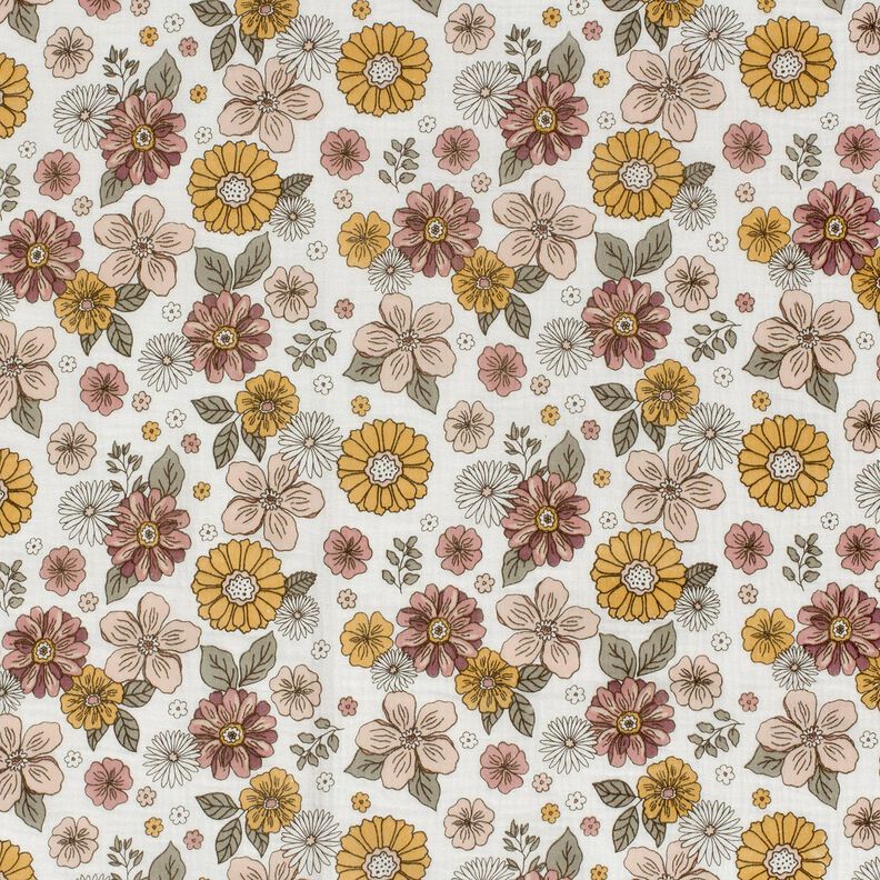 Tissu double gaze de coton Fleurs rétros – blanc, image number 1