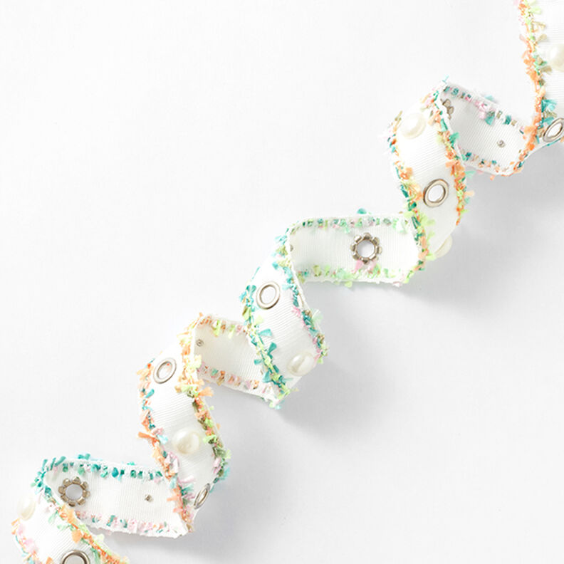 Ruban tissé Œillets et perles [25 mm] – blanc/vert fluo,  image number 1