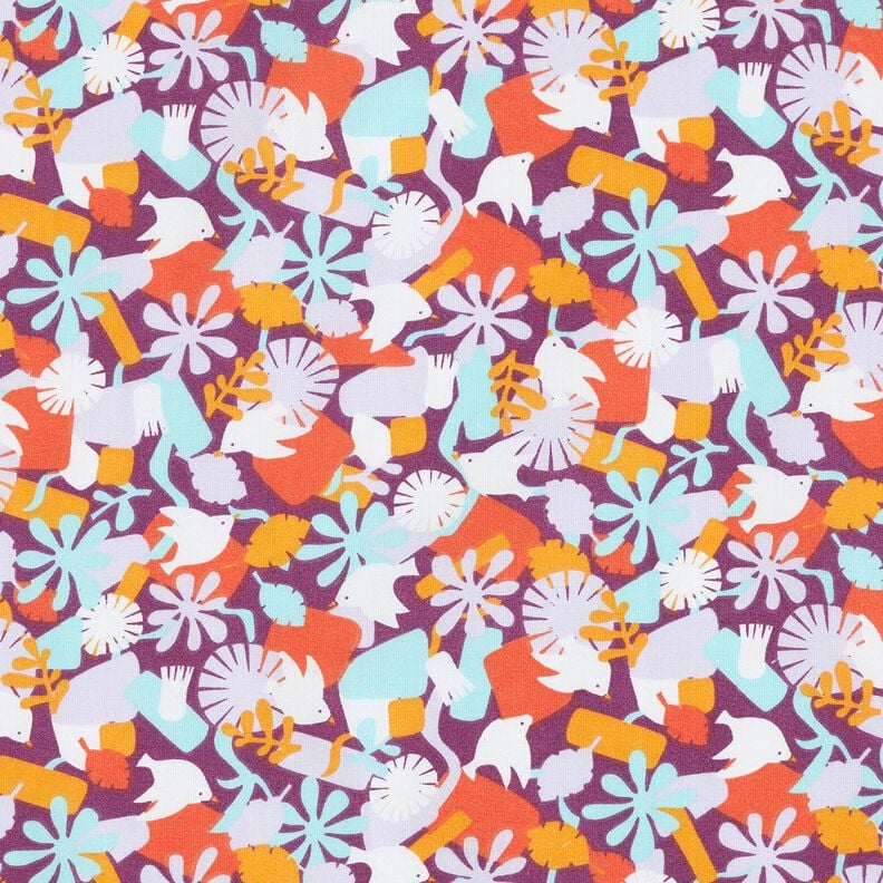 Tissu en coton Cretonne Oiseaux et fleurs – raisin/violet pastel, image number 1