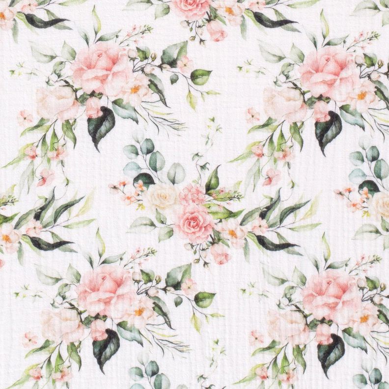 Tissu double gaze de coton Rameaux de roses aquarelle Impression numérique – blanc,  image number 1