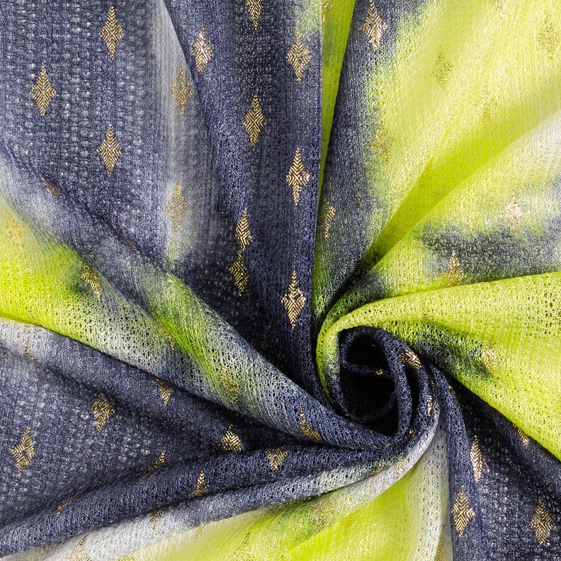 Dentelle tricotée Batik et losanges dorés – bleu marine/jaune fluo,  image number 3