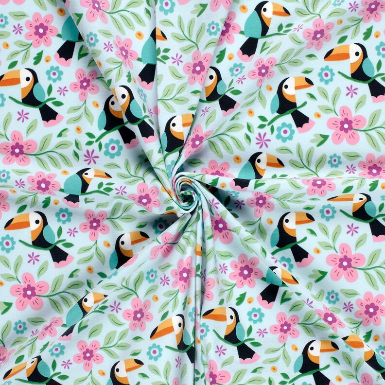 Jersey coton Toucans dans la jungle fleurie – bleu bébé/orange,  image number 3