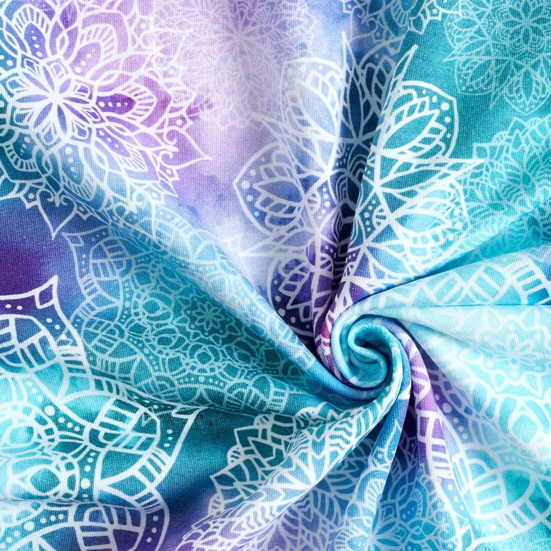 French Terry Sweat d’été Mandalas arc-en-ciel | Glitzerpüppi – pétrole légère/lavande,  image number 3