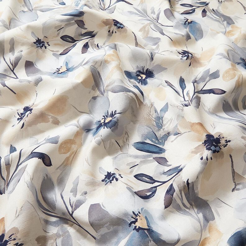 Tissu de décoration Semi-panama grandes fleurs – amande/bleu, image number 2