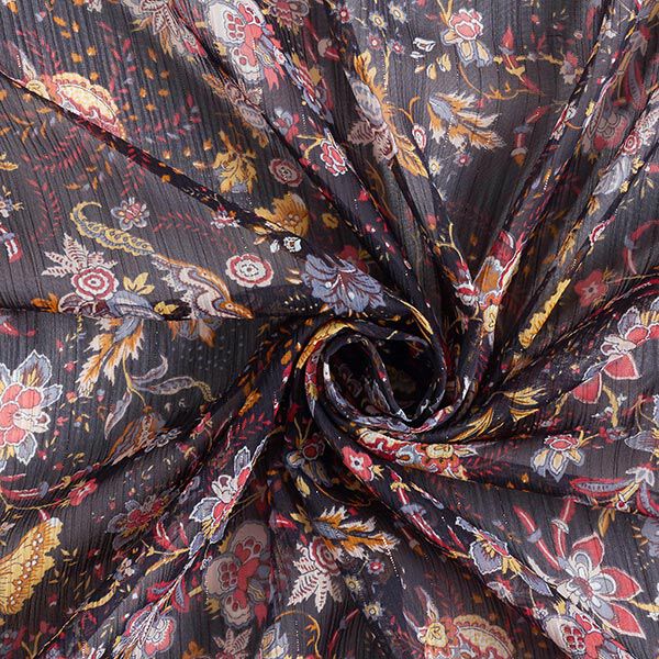 Crêpe mousseline à rayures brillantes fleurs rétro – noir,  image number 3