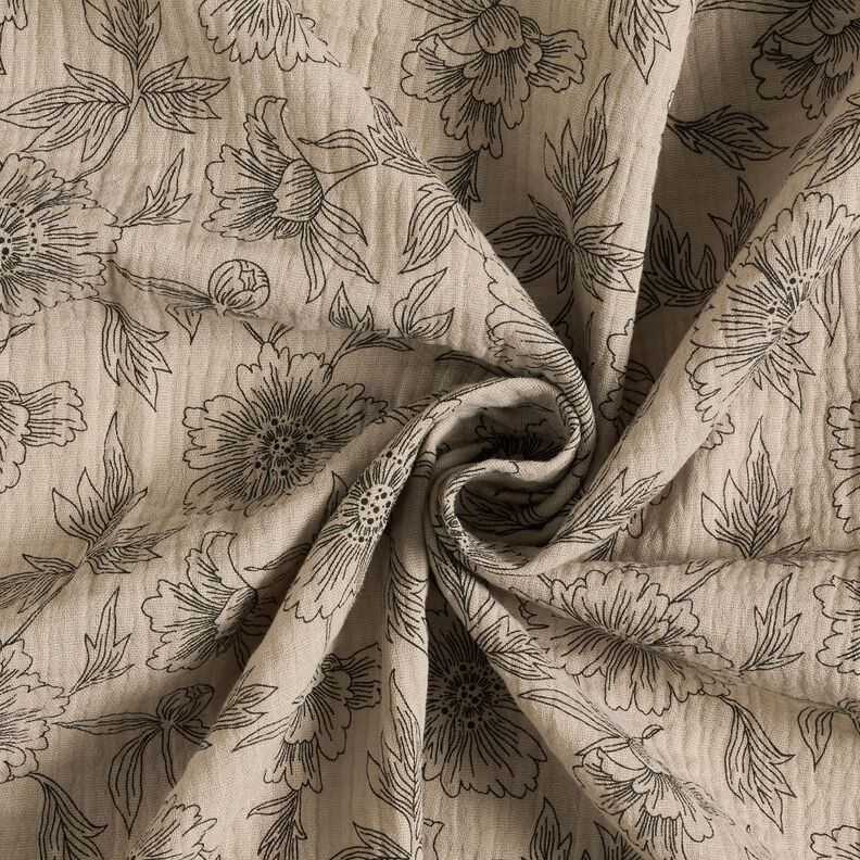Tissu double gaze de coton Grandes fleurs – taupe clair/noir,  image number 3