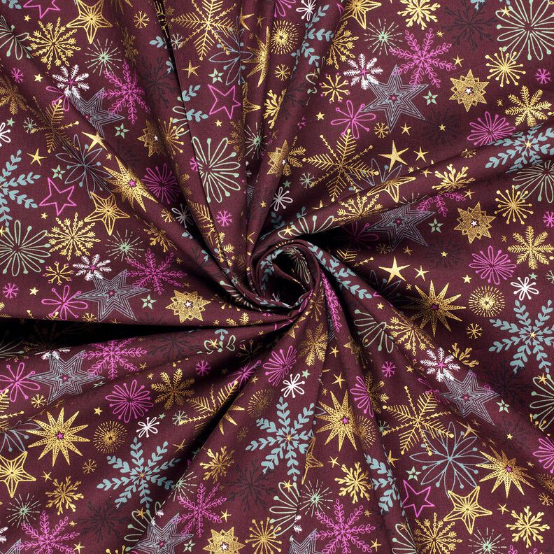 Tissu en coton Popeline Mélange d'étoiles – rouge bordeaux/or,  image number 3