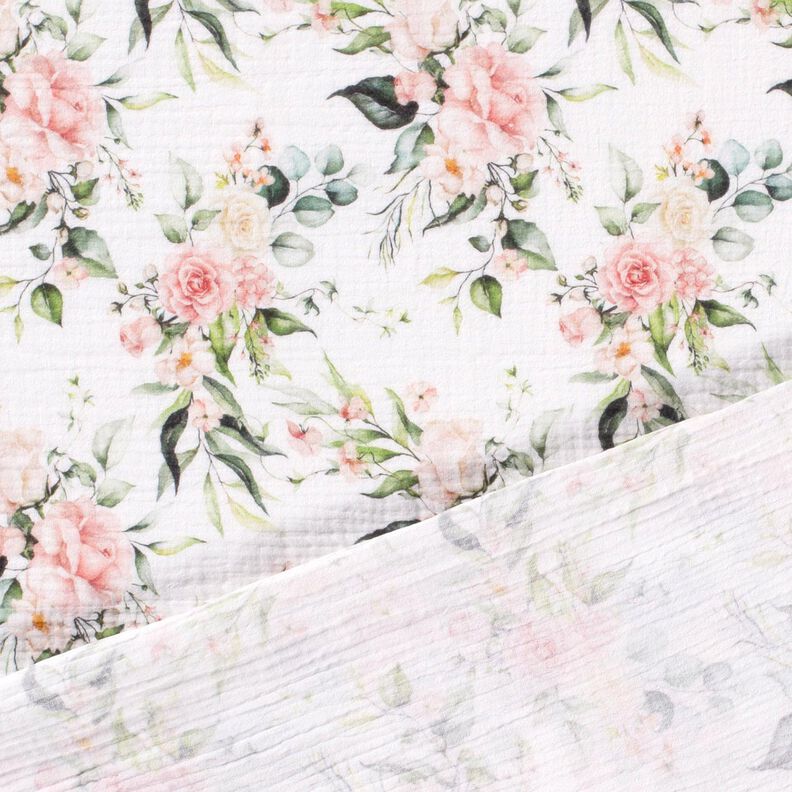 Tissu double gaze de coton Rameaux de roses aquarelle Impression numérique – blanc,  image number 4