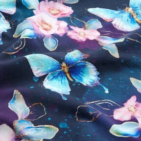 Jersey coton Papillons et fleurs scintillants | Glitzerpüppi  – bleu nuit/bleu glacier,  Jersey coton Papillons et fleurs scintillants | Glitzerpüppi  – bleu nuit/bleu glacier,