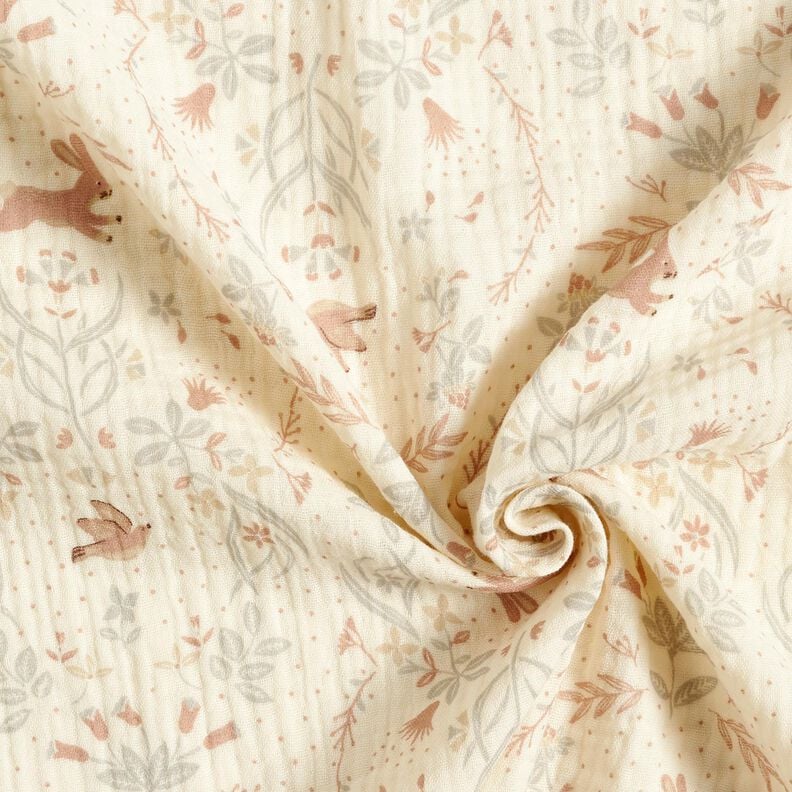Tissu double gaze de coton Oiseau et lapin dans un jardin fleuri – écru, image number 3