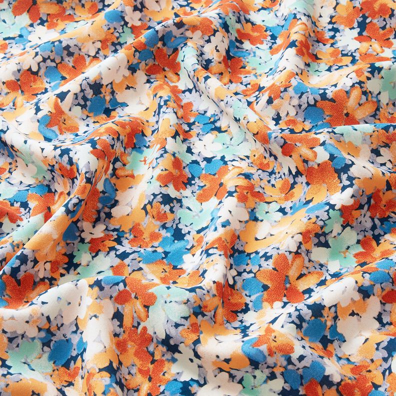 Tissu viscose fleurs mouchetées – terre cuite/bleu,  image number 2