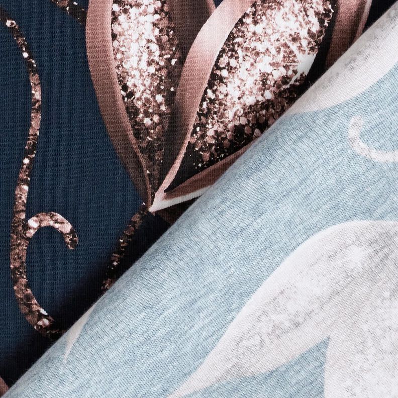 Jersey coton Feuilles scintillantes | Glitzerpüppi – bleu nuit/vieux rose foncé,  image number 4