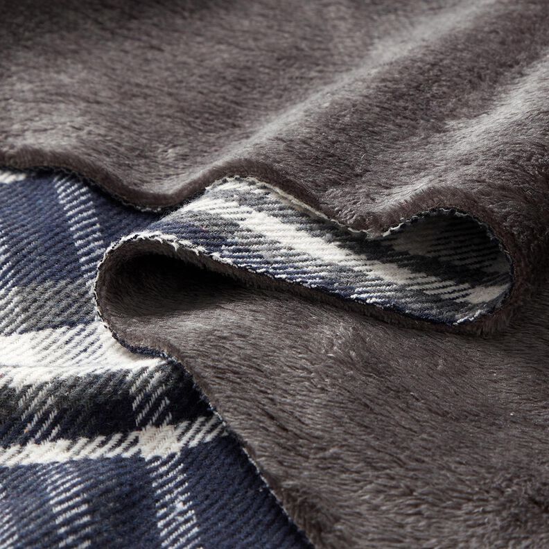 Tissu de manteau à carreaux avec envers fourrure – bleu nuit/gris schiste,  image number 5