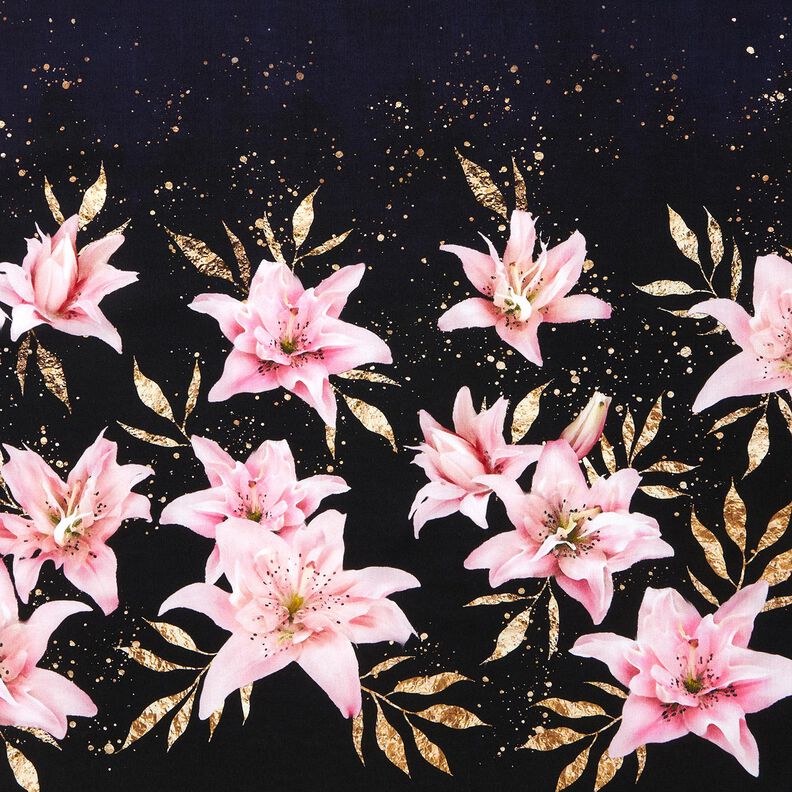 French Terry Sweat d’été Tissu bordure lys et feuilles mouchetées d'or | Glitzerpüppi – bleu,  image number 1