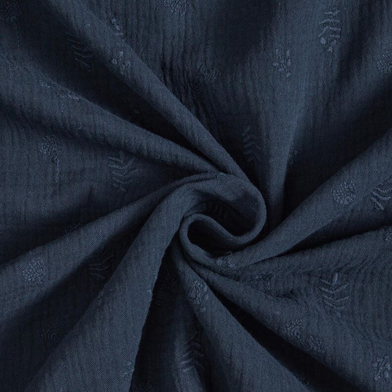 Tissu double gaze de coton broderie fleurs et branches – bleu marine,  image number 3