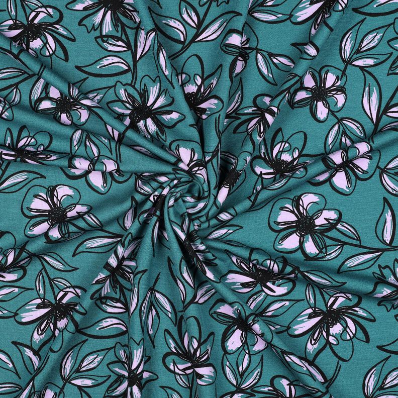 Jersey romanite Fleurs – pétrole/mauve,  image number 3