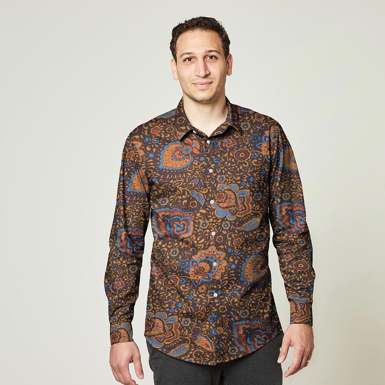 Tissu pour chemise Fleurs rétro et motif paisley – bleu nuit/caramel, image number 5