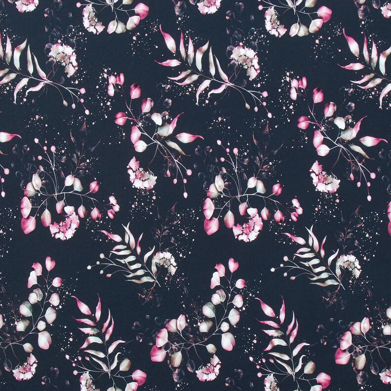 Jersey coton Eucalyptus et hortensias | Glitzerpüppi – bleu nuit/rose,  image number 1