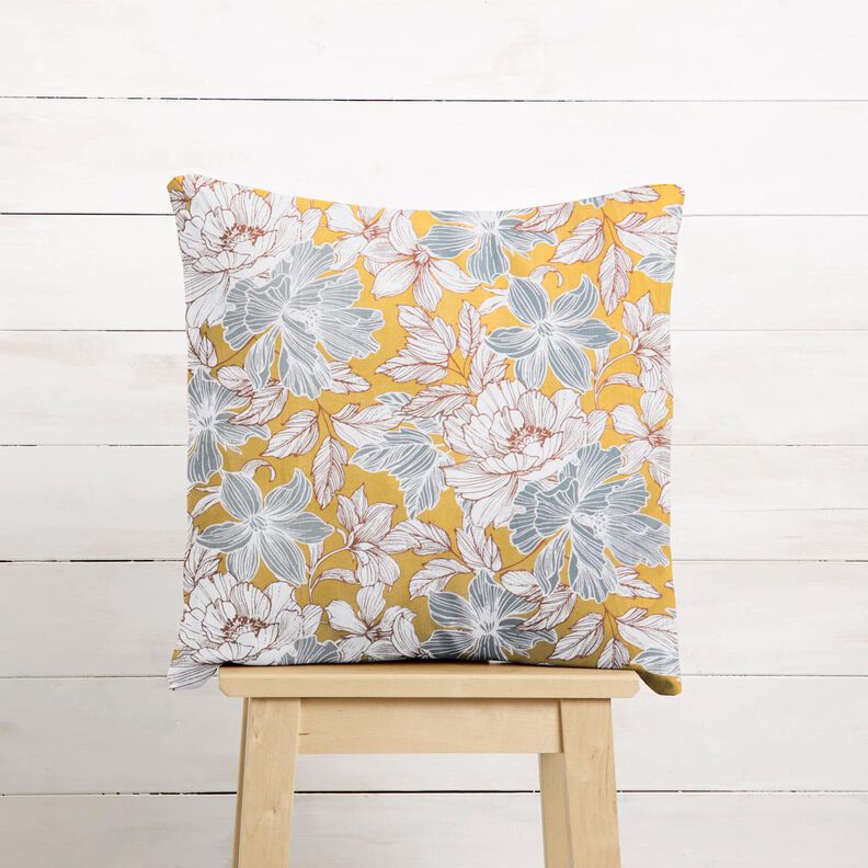 Tissu en coton Cretonne Grandes fleurs – moutarde/gris, image number 6