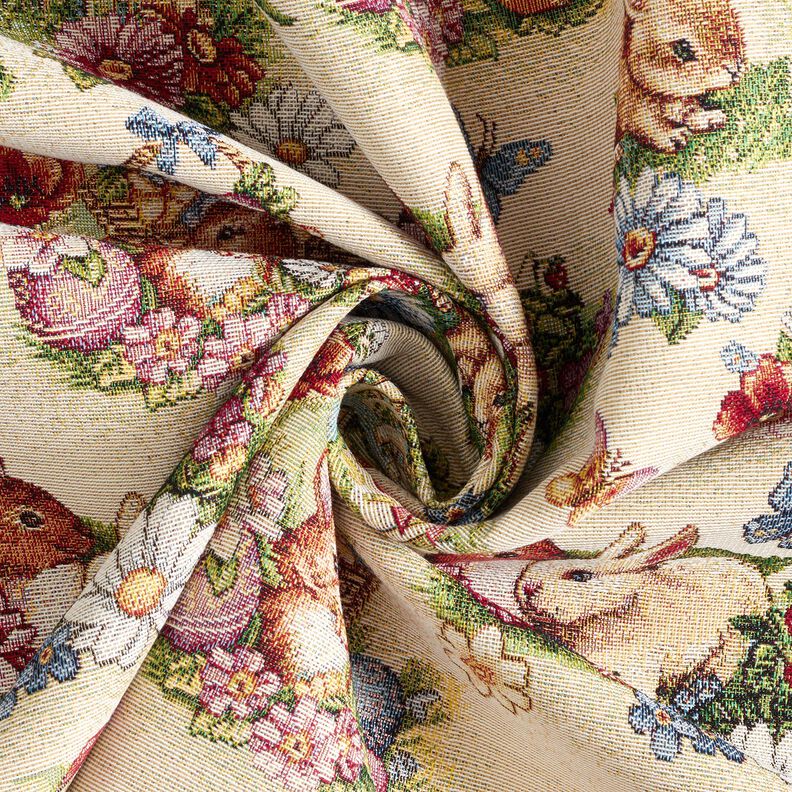 Tissu de décoration Gobelin Lapins de Pâques dans le jardin – beige clair/baies, image number 3