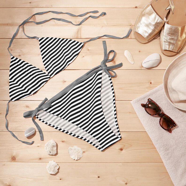 Tissu pour maillot de bain à fines rayures – noir/blanc,  image number 6