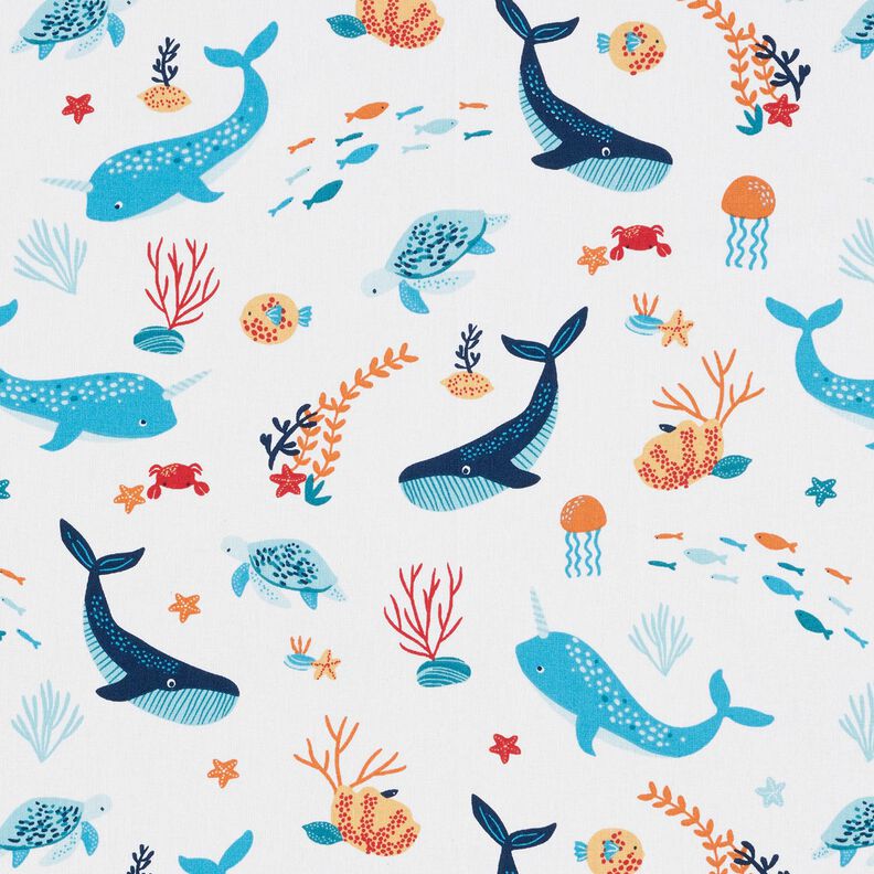 Tissu en coton Cretonne Animaux sous-marins – blanc/bleu aqua,  image number 1