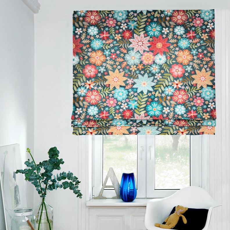 Velours de décoration Fleurs aspect broderie – pétrole/carmin,  image number 6