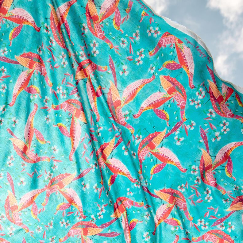 Beachwear tissu viscose paons et fleurs – bleu aqua/rose intense,  image number 6