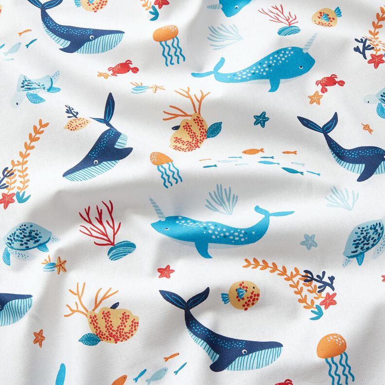 Tissu en coton Cretonne Animaux sous-marins – blanc/bleu aqua,  image number 2