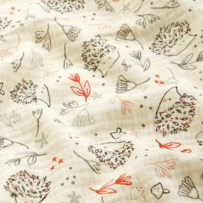 Tissu double gaze de coton Hérissons et plantes de la forêt – écru, 