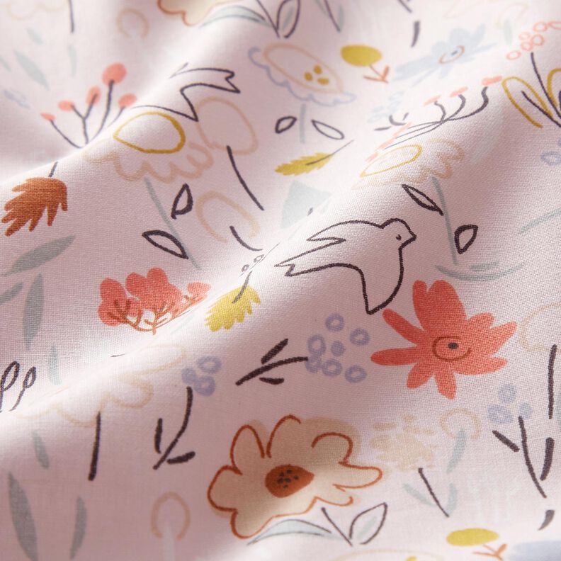 Tissu en coton Prairie fleurie avec oiseaux – rosé,  image number 2