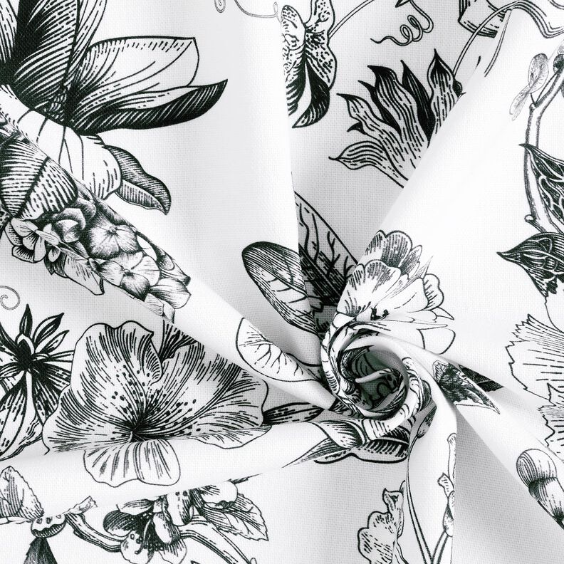 Tissu de décoration Semi-panama Fleurs pittoresques – blanc/noir, image number 3