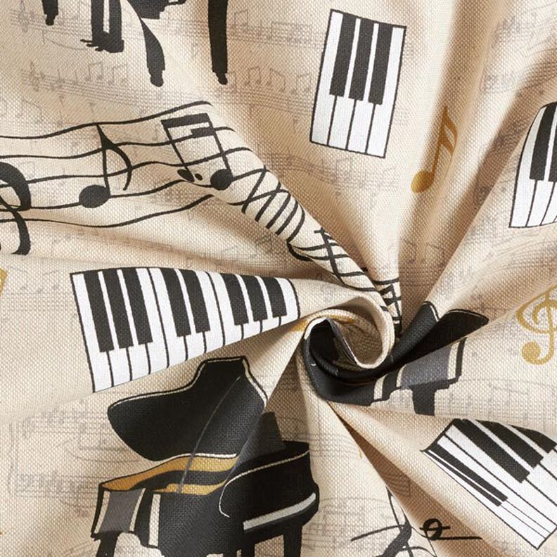 Tissu de décoration Semi-panama clavier de piano et notes – nature/noir, image number 3