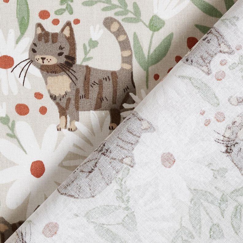 Tissu en coton Cretonne Chats dans la prairie fleurie – argent,  image number 4