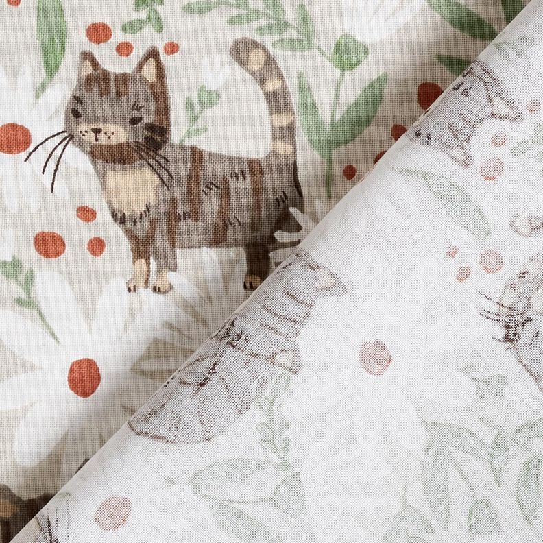 Tissu en coton Cretonne Chats dans la prairie fleurie – argent, image number 4
