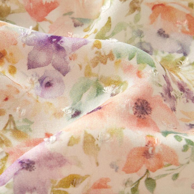 Tissu viscose Dobby Mer de fleurs aquarelle impression numérique – ivoire/lavande,  image number 2