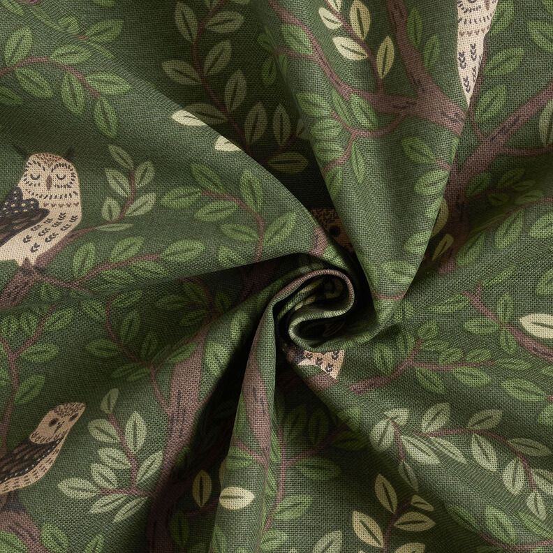 Tissu de décoration Semi-panama Chouettes des forêts – vert foncé/chocolat,  image number 3