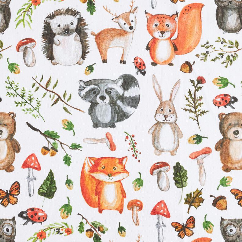Tissu décoratif Semi-panama Animaux de la forêt peints – blanc,  image number 1