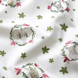 Popeline coton Animaux dans cercle de fleurs Impression numérique – blanc, 