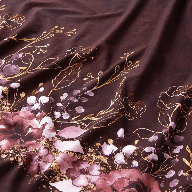 Jersey coton Tissu bordure Fleurs en paillettes dorées | Glitzerpüppi – rouge bordeaux/lilas pastel, image number 2