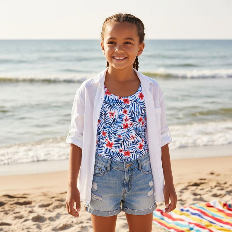 Tissus pour maillot de bain Fleurs et feuilles de palmier &ndash; blanc/indigo,  image number 6