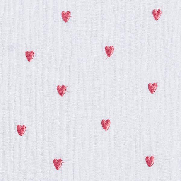 Tissu double gaze de coton Cœurs brodés – blanc/vieux rose, image number 1