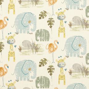 GOTS Tissu en coton cretonne animaux de la savane mignons – blanc, 