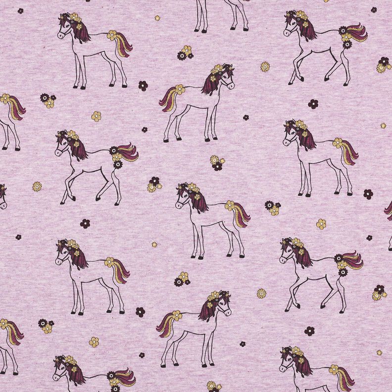 Jersey coton Cheval fleuri pailleté | Poppy Fabrics – violet pastel/or,  image number 1