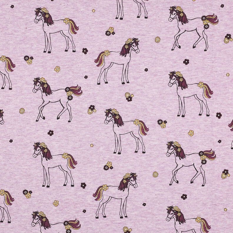 Jersey coton Cheval fleuri pailleté | Poppy Fabrics – violet pastel/or, image number 1