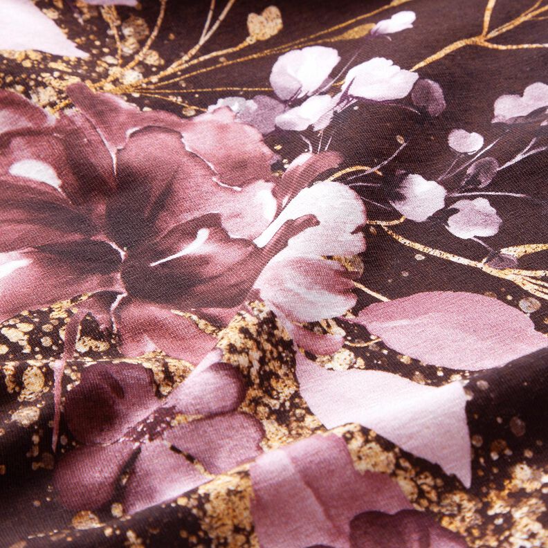 Jersey coton Tissu bordure Fleurs en paillettes dorées | Glitzerpüppi – rouge bordeaux/lilas pastel, image number 7