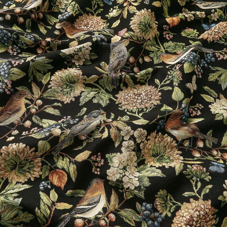 Tissu de décoration Gobelin Fleurs et oiseaux – noir/vert,  image number 2