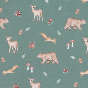 GOTS French Terry Sweat d’été Ours, cerf, écureuil Impression numérique – vert foncé, 
