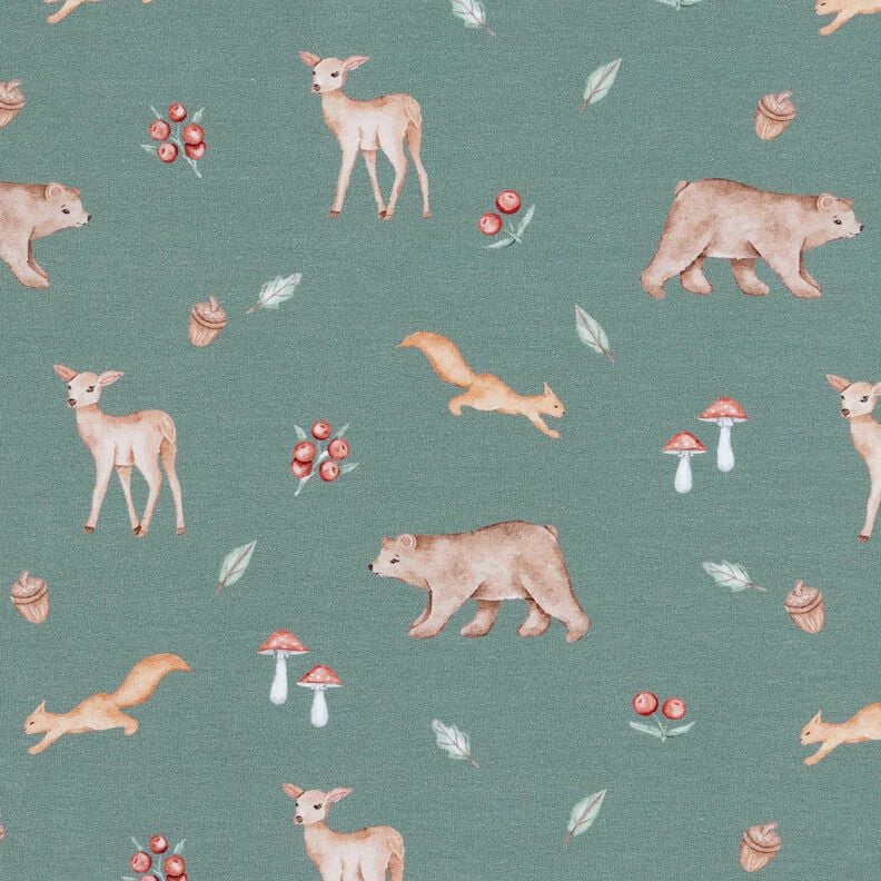 GOTS French Terry Sweat d’été Ours, cerf, écureuil Impression numérique – vert foncé,  image number 1