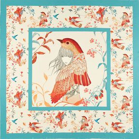 Panneau satin oiseaux et fées | Katia Fabrics – bleu aqua/crème, 